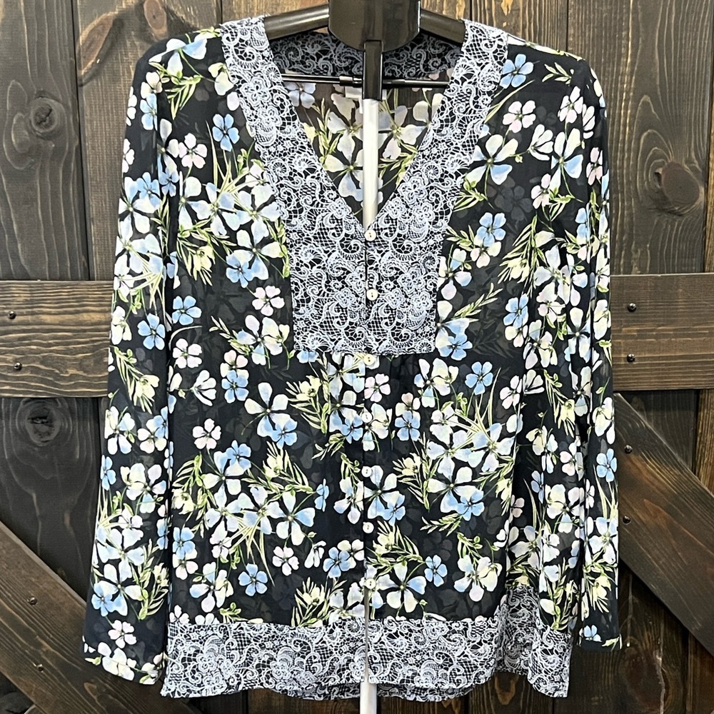 J. Jill Black Blue Lace Top L Mixed Floral Sheer Sleeve Light Cottagecore Garden